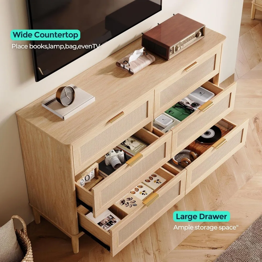 Mid-Century Modern Kommode aus Rattan mit 6 Schubladen, 47 breite Schlafzimmerkommode mit Metallgriffen