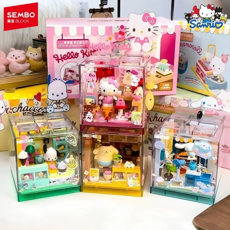 헬로 키티 블록 산리오 귀여운 작은 가게 쿠로미 장난감 컬렉션 모델 데스크탑 카와이 장식품 어린이 휴일 선물