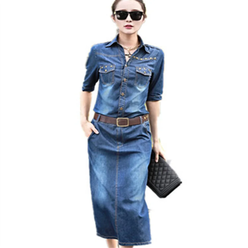 

Spring Fashion Women Jean Dress Summer Dress Half Sleeve Lapel Lady Denim Maxi Dress With Sashes