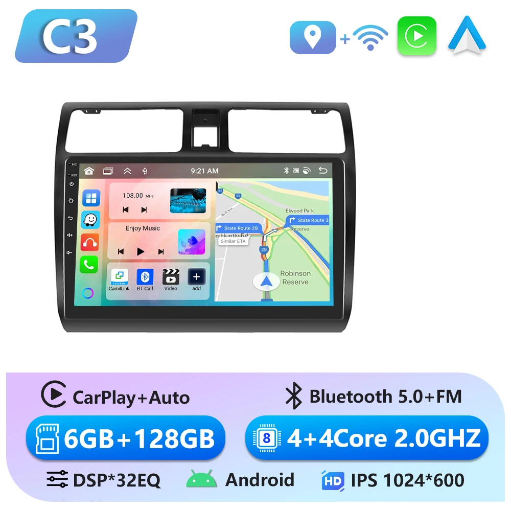 Podofo 6 + 128G CarPlay Android Auto 2 Din Autoradio voor Suzuki Swift 2005-2010 Multimedia Video speler GPS Stereo WIFI Head Unit
