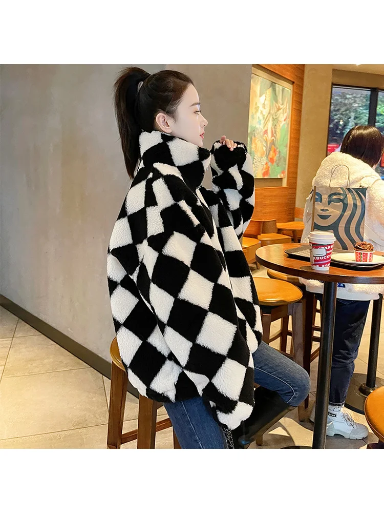 Fashion New Winter Plush Warm Synthetic Fur Black White Checkered Stand Up Collar Loose Casual Simple Comfortable Soft Outerwear