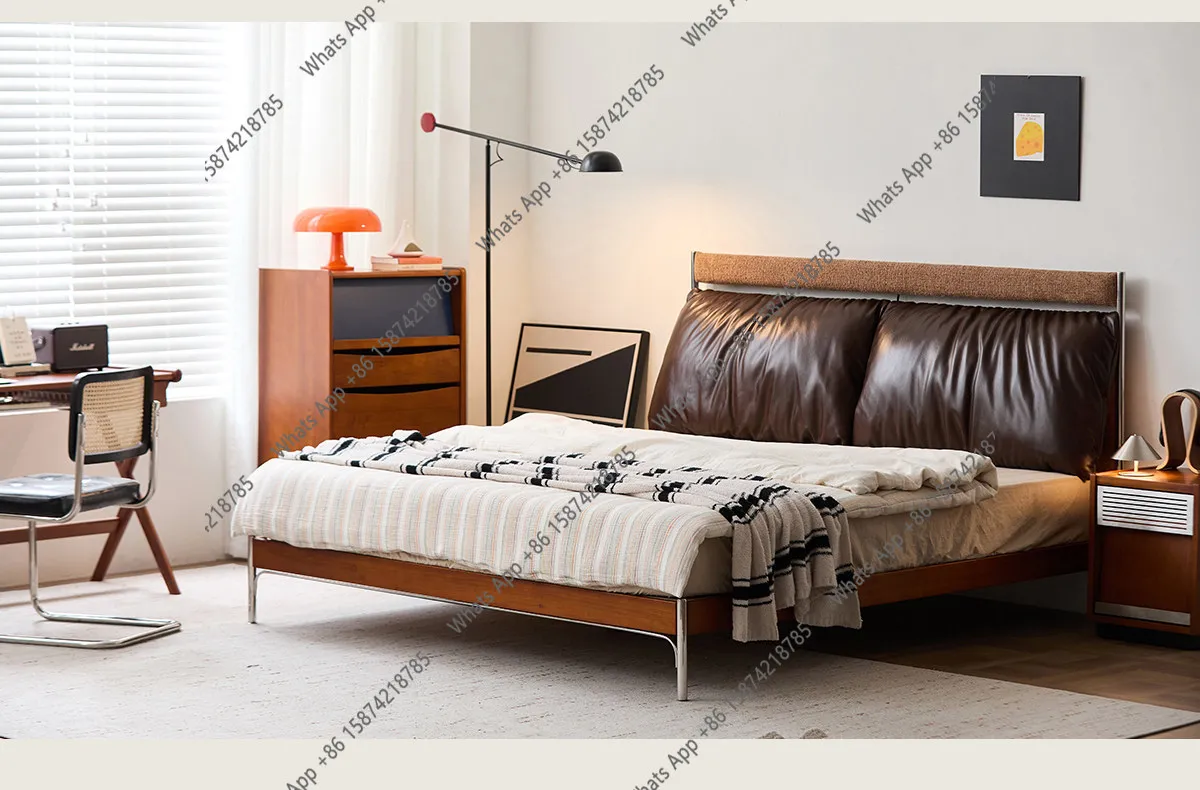

Soft leather soft bag bed boxwood solid wood bed master bedroom big bed high-end atmosphere medium antique style
