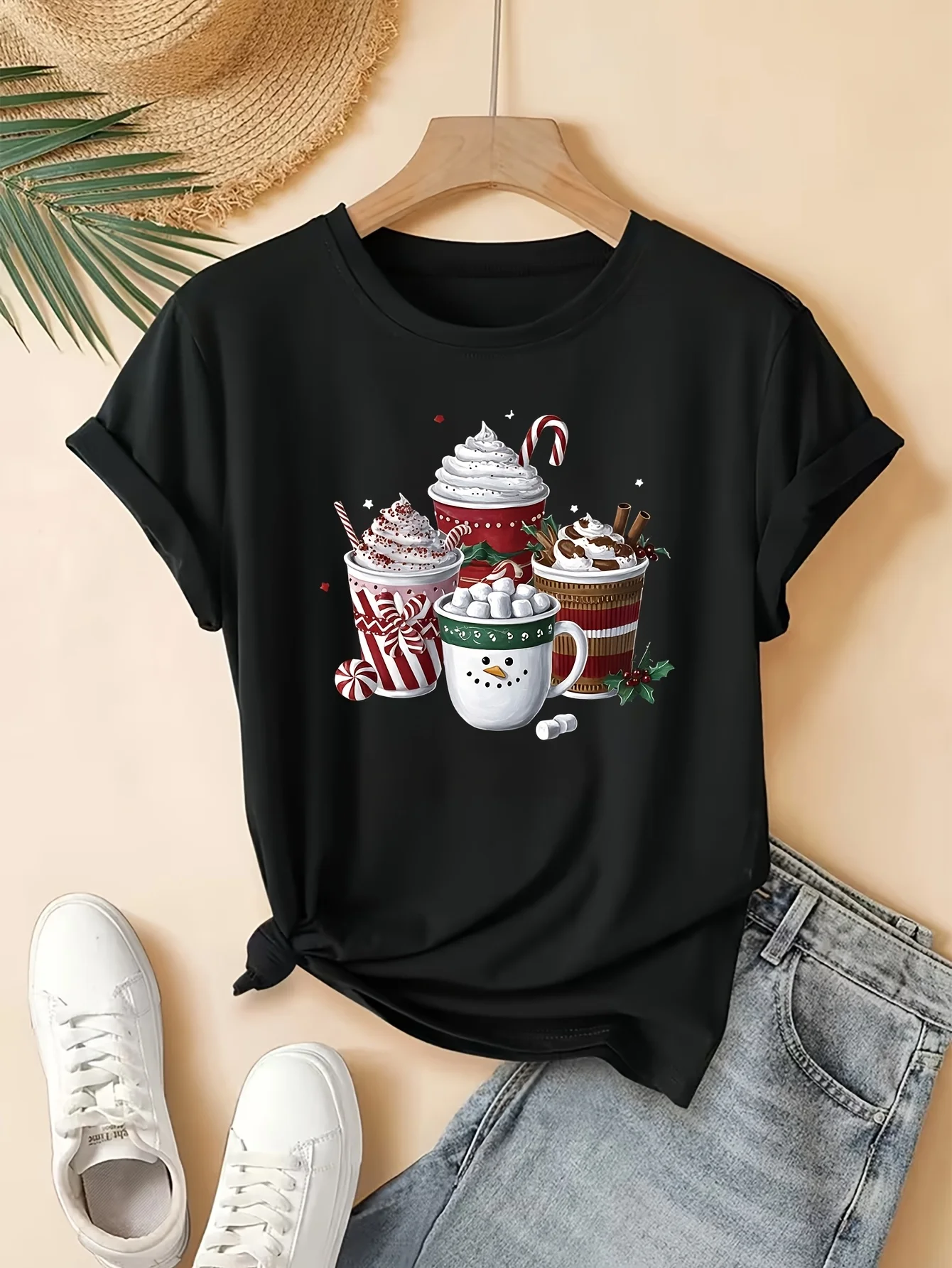 Festive Beverage Cups Women's S Short Sleeve T-Shirt  Harajuku Short Sleeve Casual Clothing Street Tops Tees Aesthetic Clothes