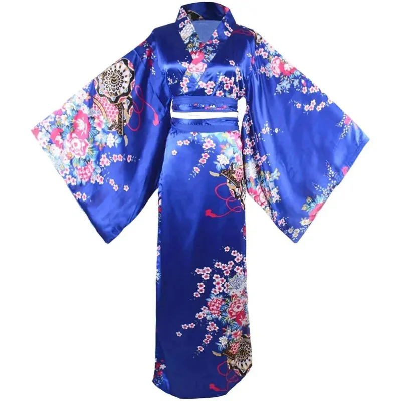 Women's Kimono Costume Adult Japanese Geisha Yukata Sweet Floral Patten Gown Blossom Satin Bathrobe Sleepwear with OBI Belt F