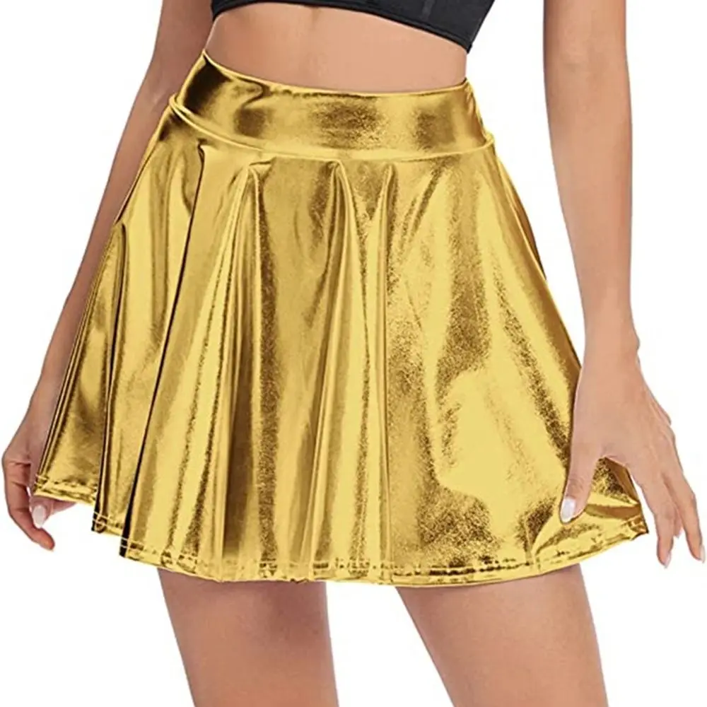 Elegant Metallic Pleated Skirt Retro Flared Design Shiny Short Dress Gold Silver Solid Color A-line Short Skirt Daily Wear