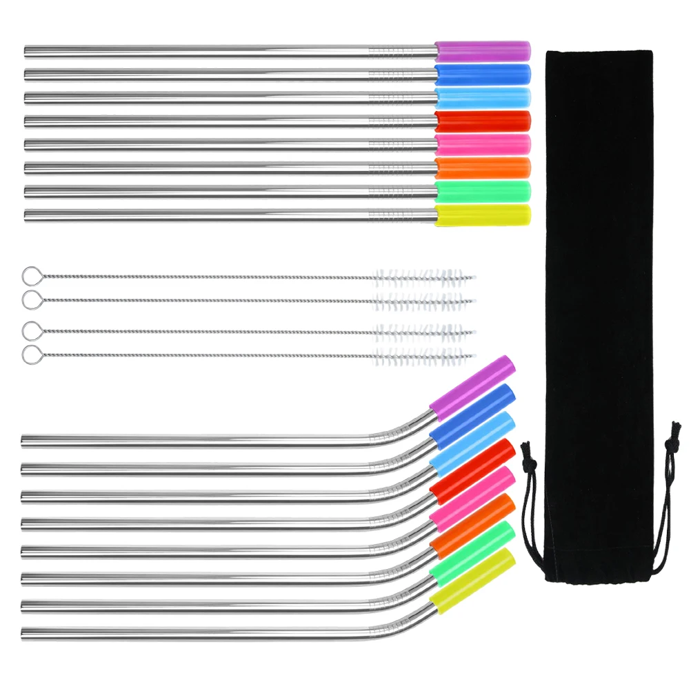 

37pcs Stainless Steel Straw Set Reusable Drink Swirly Color Simple Straws Curved with Cleaning Brush Easy Storage Carry