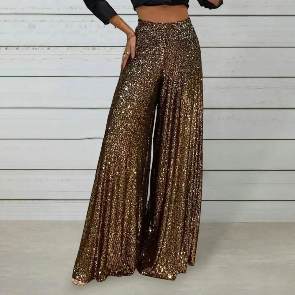 Soft  Chic Sequins Wide Leg Baggy Pants Lightweight Women Pants High Waist   Female Clothing