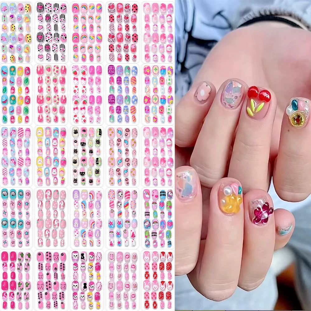 

120 шт. милые накладные ногти, Детские накладные ногти с мультяшным рисунком, самоклеящиеся ногти, полное покрытие, Короткие накладные ногти, наборы для маникюра, подарки для детей, девочек