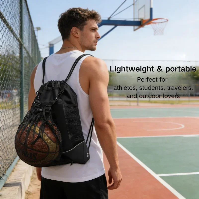 Drawstring Sports Backpack – Large Capacity, Hidden Mesh Bag for Basketball, Soccer, Volleyball, Lightweight Gym Sack, Daily Use