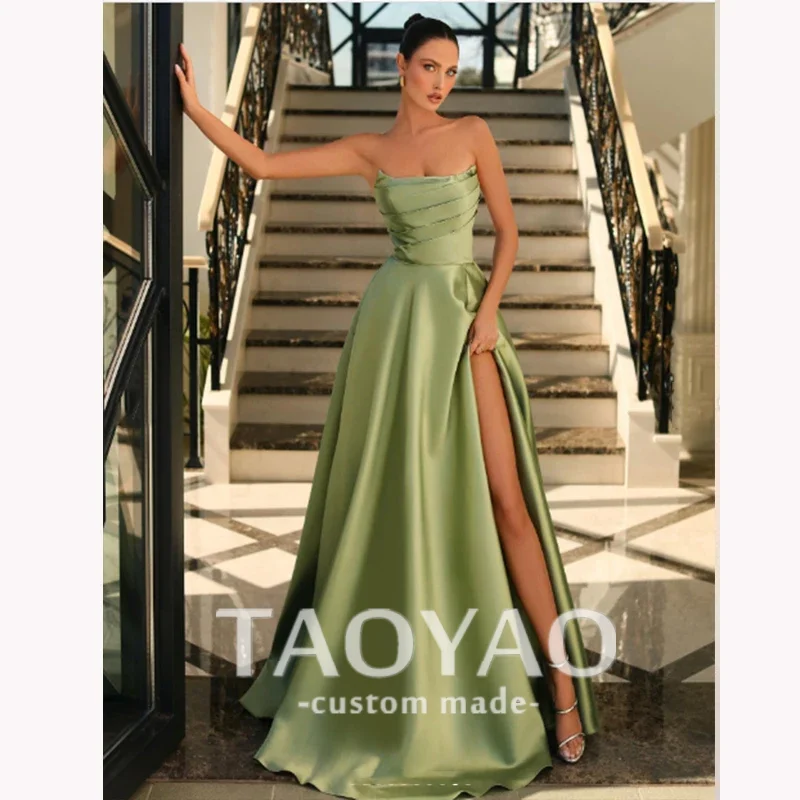 

Green Satin Luxury Dress Prom Elegant Strapless Long Gown A-Line For Women Wedding Party Formal Occasion Gala vestidos 2024