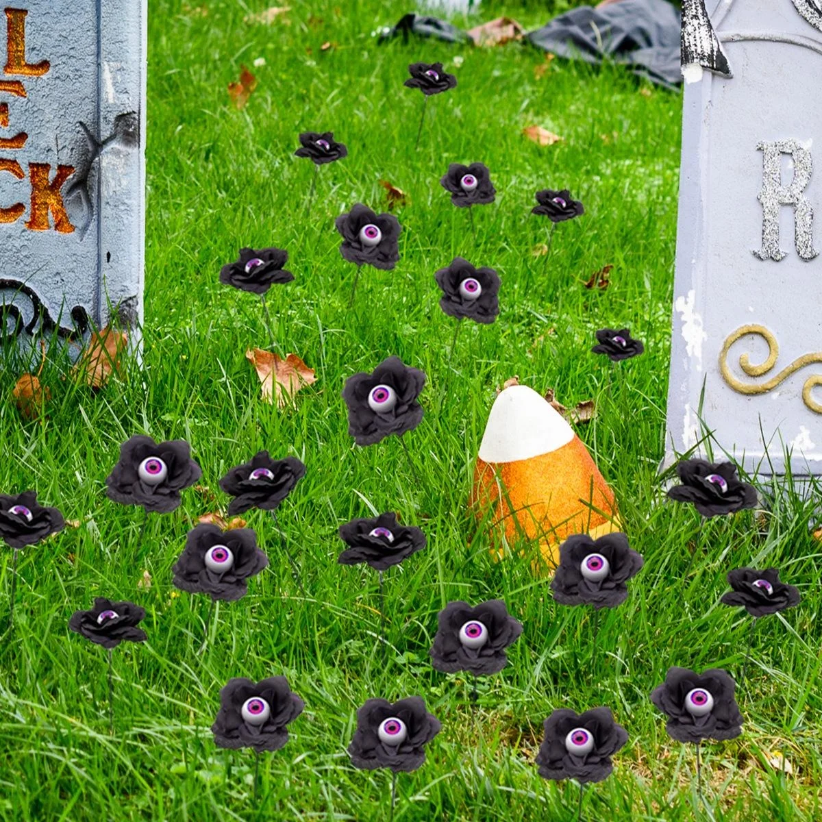 4Pcs/set Black Rose Halloween Rose Flower Ground Pole PVC Simulation Eyeball Flower DIY Garden Courtyard Halloween Decor