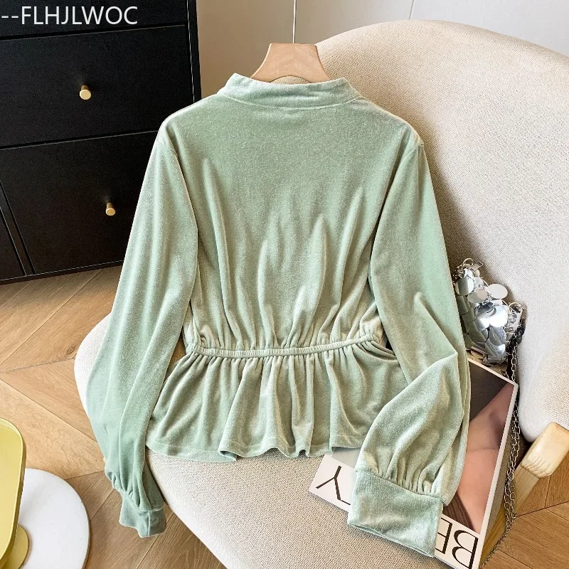 Neue Jahr Weihnachten Samt Tops Bluse Mode Frau Herbst Winter Grundlagen Langarm Nette Mädchen Retro Stehkragen Schößchen Shirts