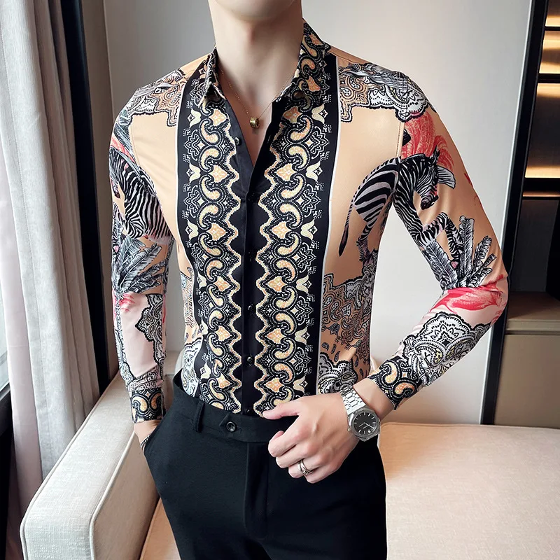 2022 Cotton Floral Print Men Shirts Long Sleeve Mens Casual Shirt Slim Men Flower Printing Dress Shirts camisa masculina S-4XL