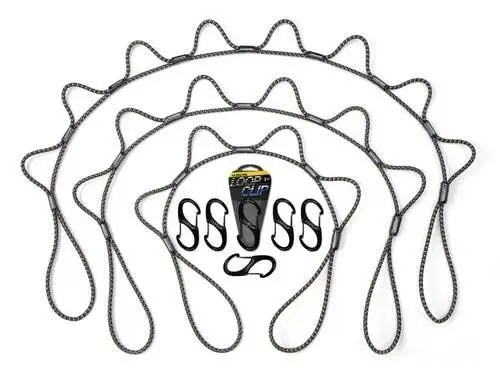 

Heavy Duty Bungee Cord Set, Patented Adjustable Multi-Loop Tie Down System with 3ft, 4ft & 5ft Ropes and 6 Carabiners for