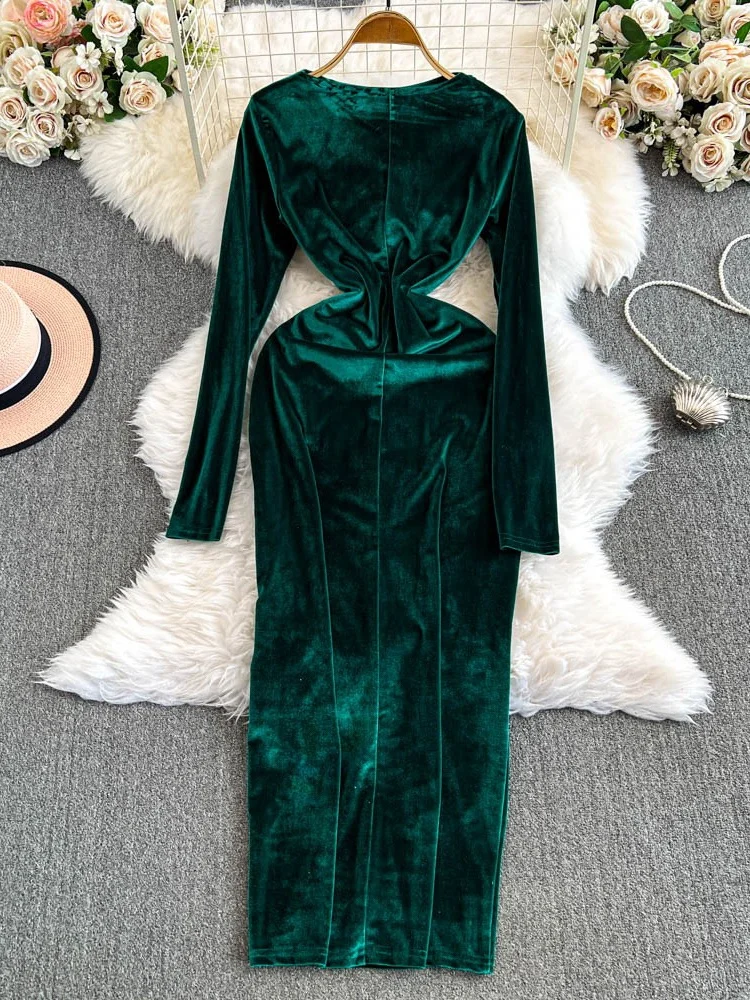 Faionable Sexy Lungo Sve Dimagrante Aderente Velluto Dr rotondo Ne Vita alta A-Line Midi Dr Coreano Sle Pendolarismo Dr