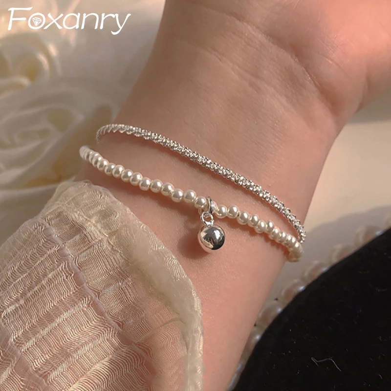 FOXANRY Pearl Chain Bracelet for Women Couples France Trendy Elegant Double-layered Geometric Handmade Party Jewelry Gifts