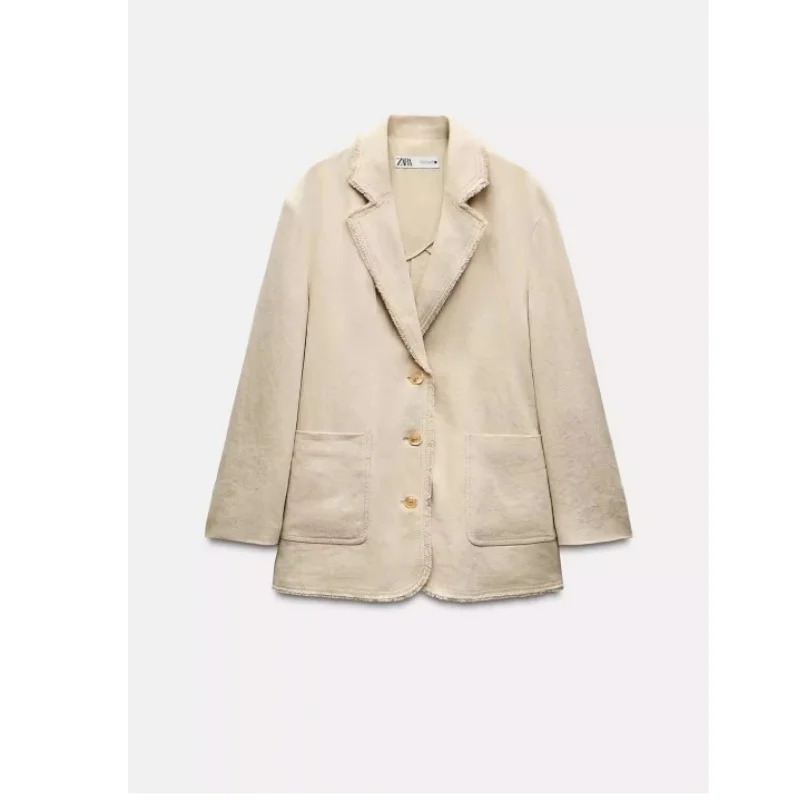 

New Autumn Women's Loose Fit Mixed Fibre Linen Faionable Versatile Long Sve Color Busin Casual Coat
