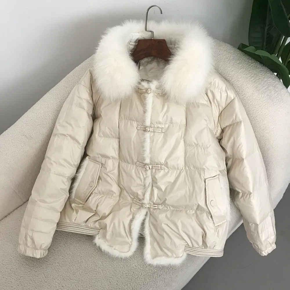 Real Fox Mink Fur Collar Coat Winter Women White Duck Down Jacket Ladies Short Warm Puffer Female Loose Vintage Parka Outerwear