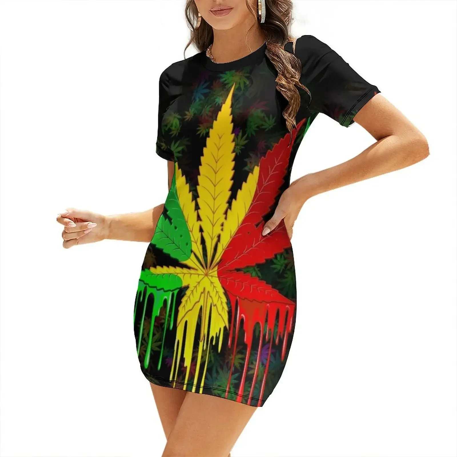 

Leaf Rasta Colors Dripping Paint Short-Sleeved Dress Summer dresses for women dresses summer
