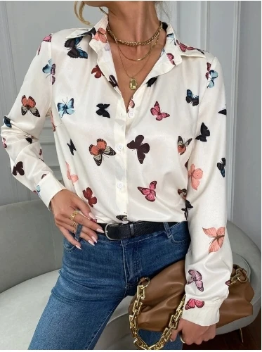 Women\'s Blouses 2025 Autumn Winter Latest Digital Printed Long Sleeve Shirt Butterfly Printed Shirt Flip Collar Cardigan Top