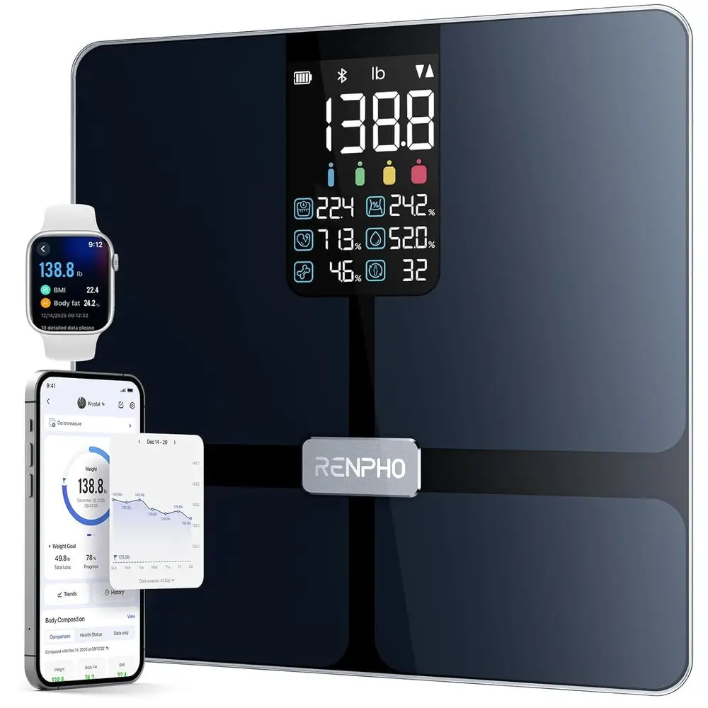 

Bluetooth Smart Scale with BMI, Body Fat, Muscle Mass, 13 Health Metrics, Large Display, App Support, Black