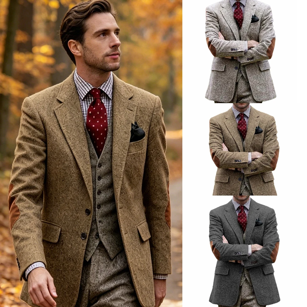 

Men's Tweed Blazer Notched Lapel Wool Blend With Elbow Patches Casual Suit Jacket For Business Wedding Daily Wear Party