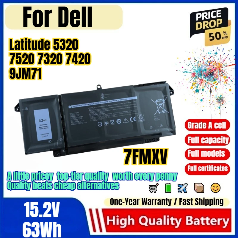 7FMXV for Dell Latitude 5320 7520 7320 7420 9JM71 Laptop Battery 0 Cycle  High Capacity Battery Replacement Bateria Grade A Cell