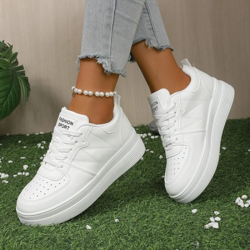 Women's Platform Sneakers Round Toe Chunky Lace-Up Casual Shoes Perforated Smooth Surface Finish Daily Outdoor Walking Footwear view 4