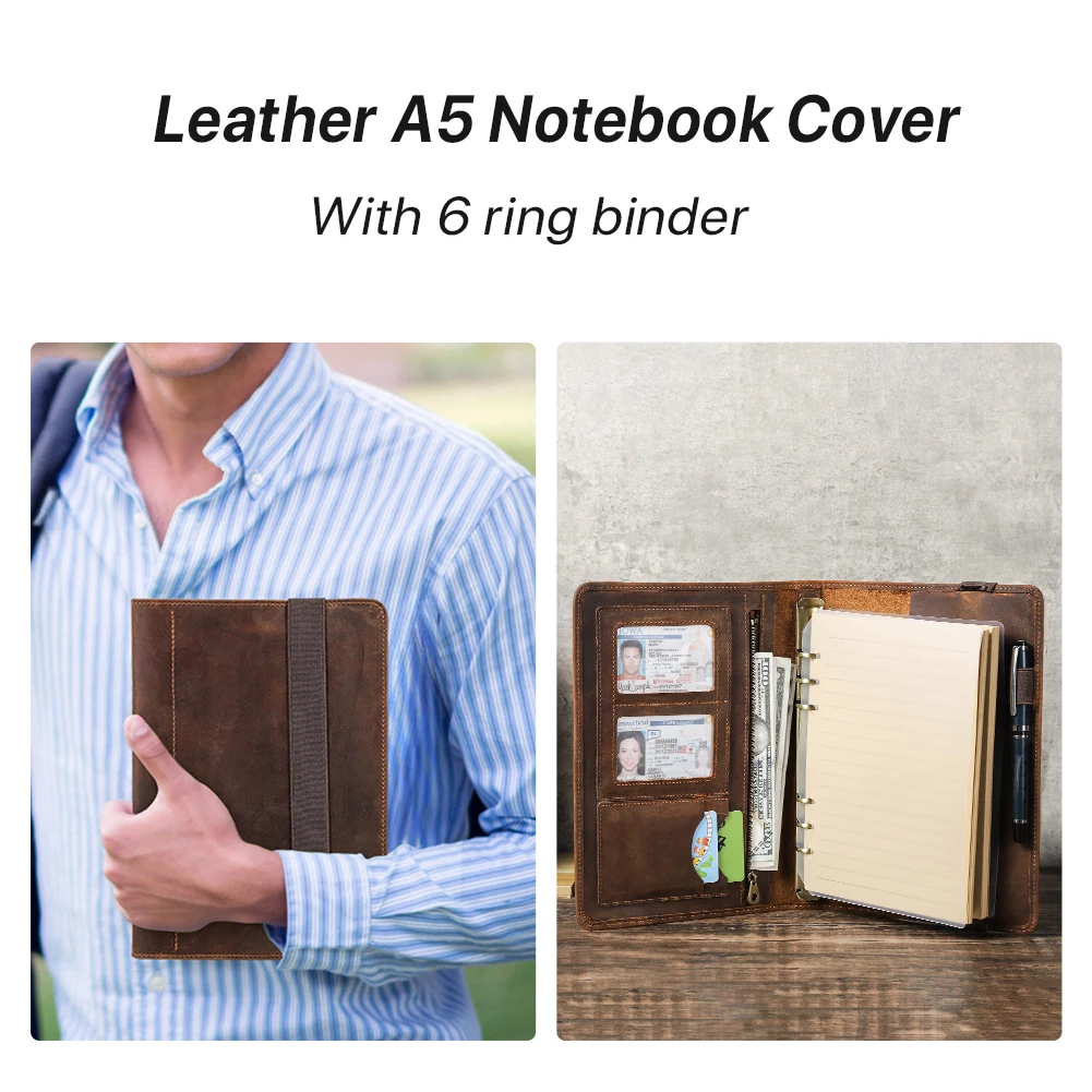 Luxury Retro Business A5 Notebook Leather Cover Portfolio with 6 Ring Binder Paper Pen Ipad Mini Holder Card Slots Travel Case