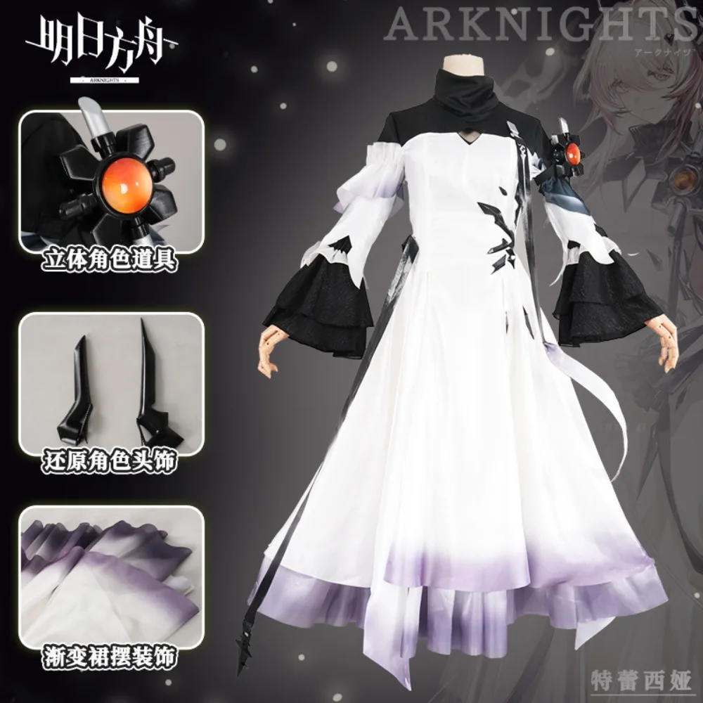 Arknights Theresa Demon King Cosplay Costume Full White Dress with Accessories Wig Women Halloween Comic Con Anime Game Outfit