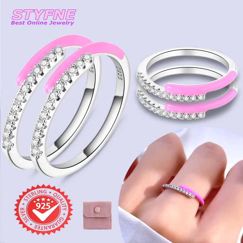 Women 925 Sterling Silver Simple Pink Line Rings Jewelry Anniversary Birthday Fashion Gifts for Mother Wife Girls