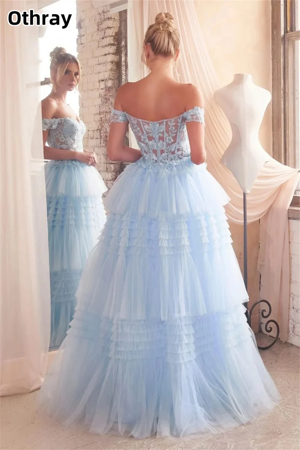 Othray-Robe de soirée en tulle à volants avec appliques en dentelle, robes de Rhmulticouches, épaules dénudées, robes formelles sexy, robe de soirée