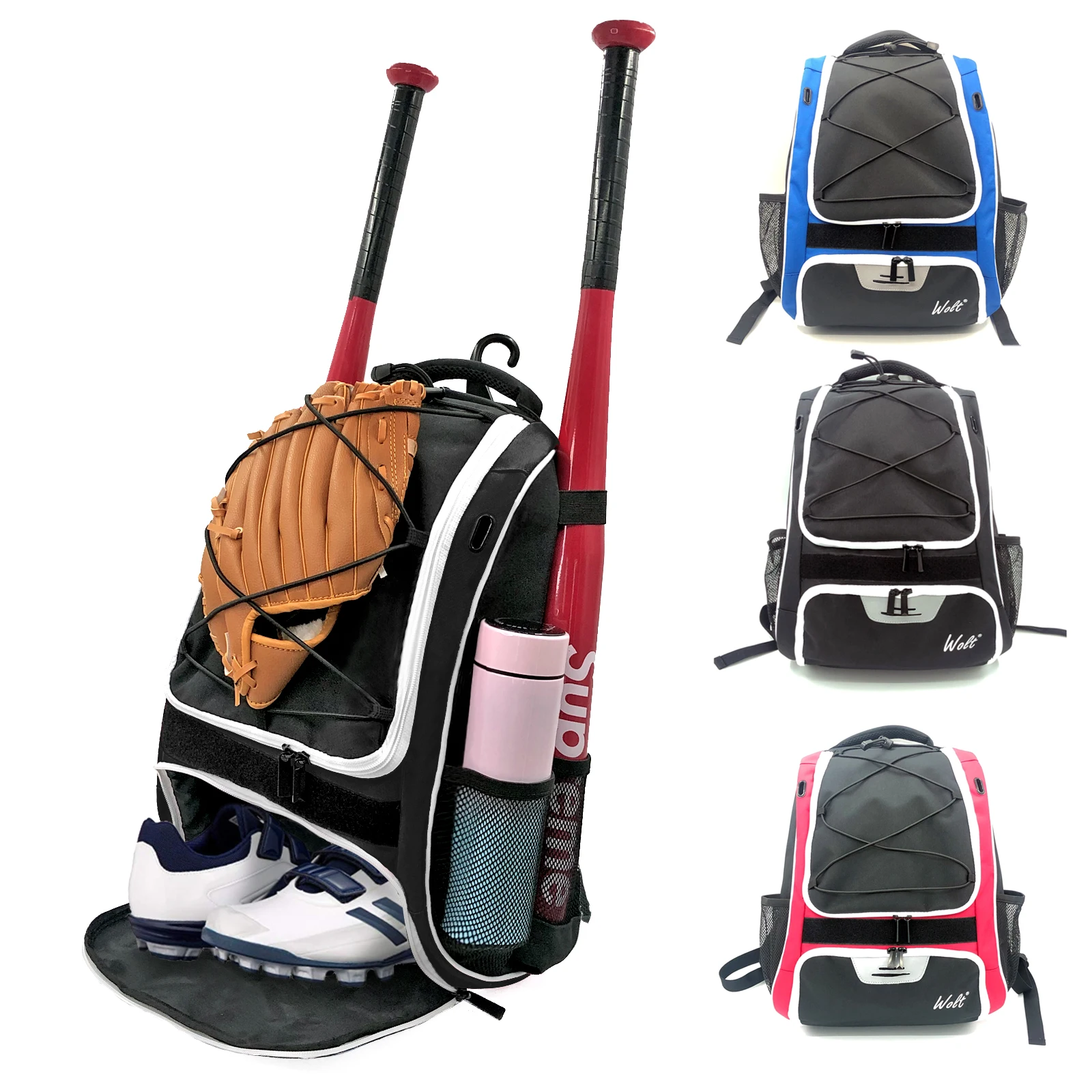 WOLT-Bolsa de béisbol para jóvenes, mochila para bate de béisbol, equipo y equipo de Softball, soporte para bate y guante, Compar principal grande