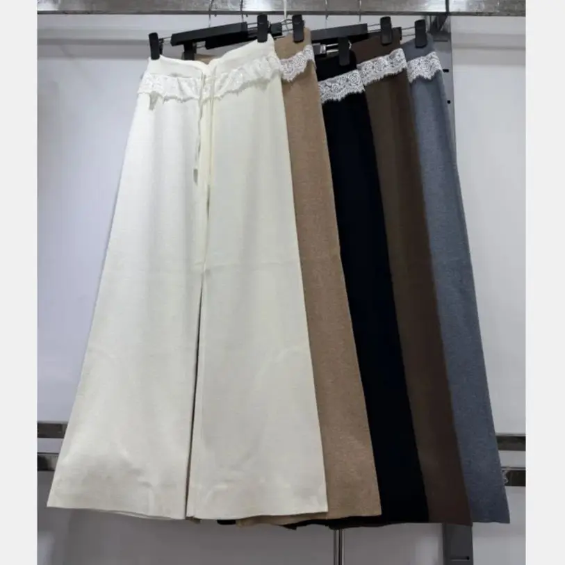 새로운 가을 니트 넓은 다리 바지 여성 캐주얼 레이스 패치 워크 탄성 허리 Drawstring 운동복 우아한 바지 의류