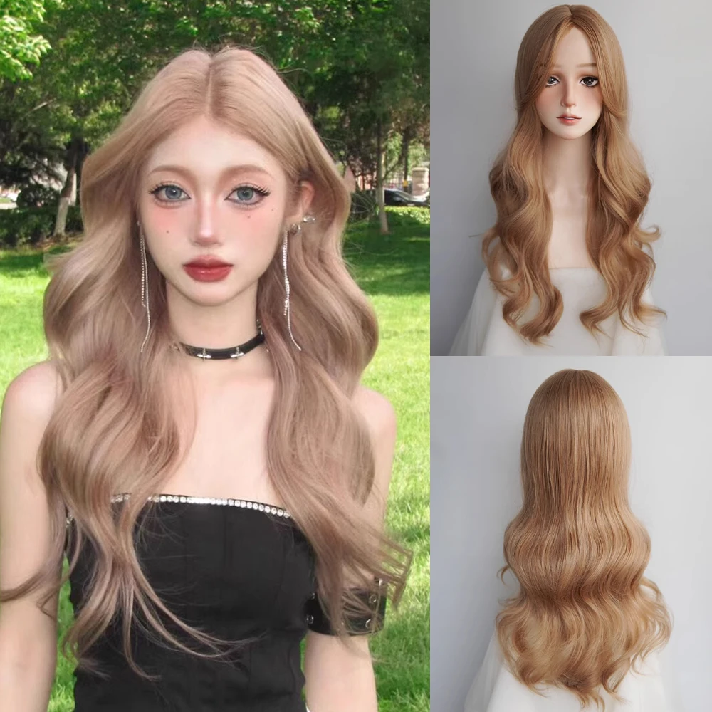 

GAKA Brown Long Synthetic Wavy Women Wig Middle Part Lolita Cosplay Fluffy Heat Resistant Hair Wig for Daily Party