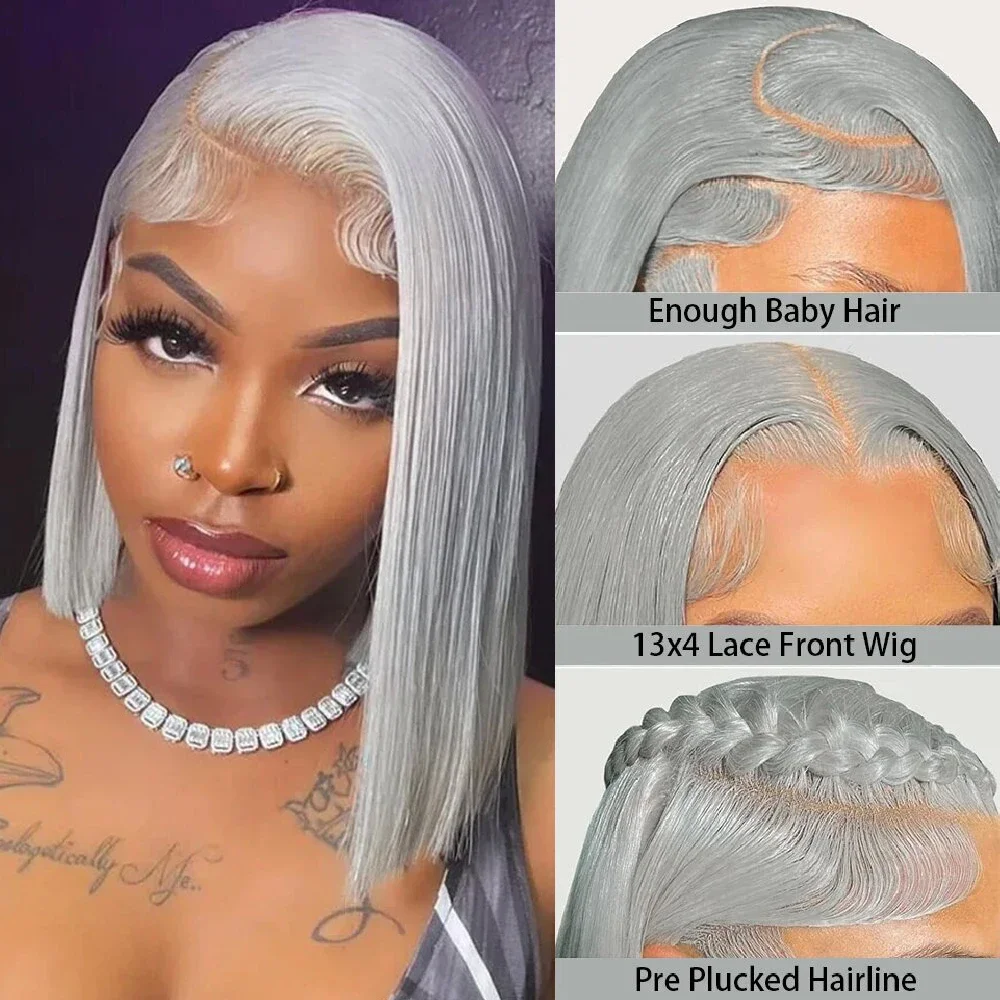 

13x4 Grey Straight Short Bob 180 Density Transparent 13x4 HD Lace Frontal Wigs Brazilian Human Hair Wig For Women Pre Plucked