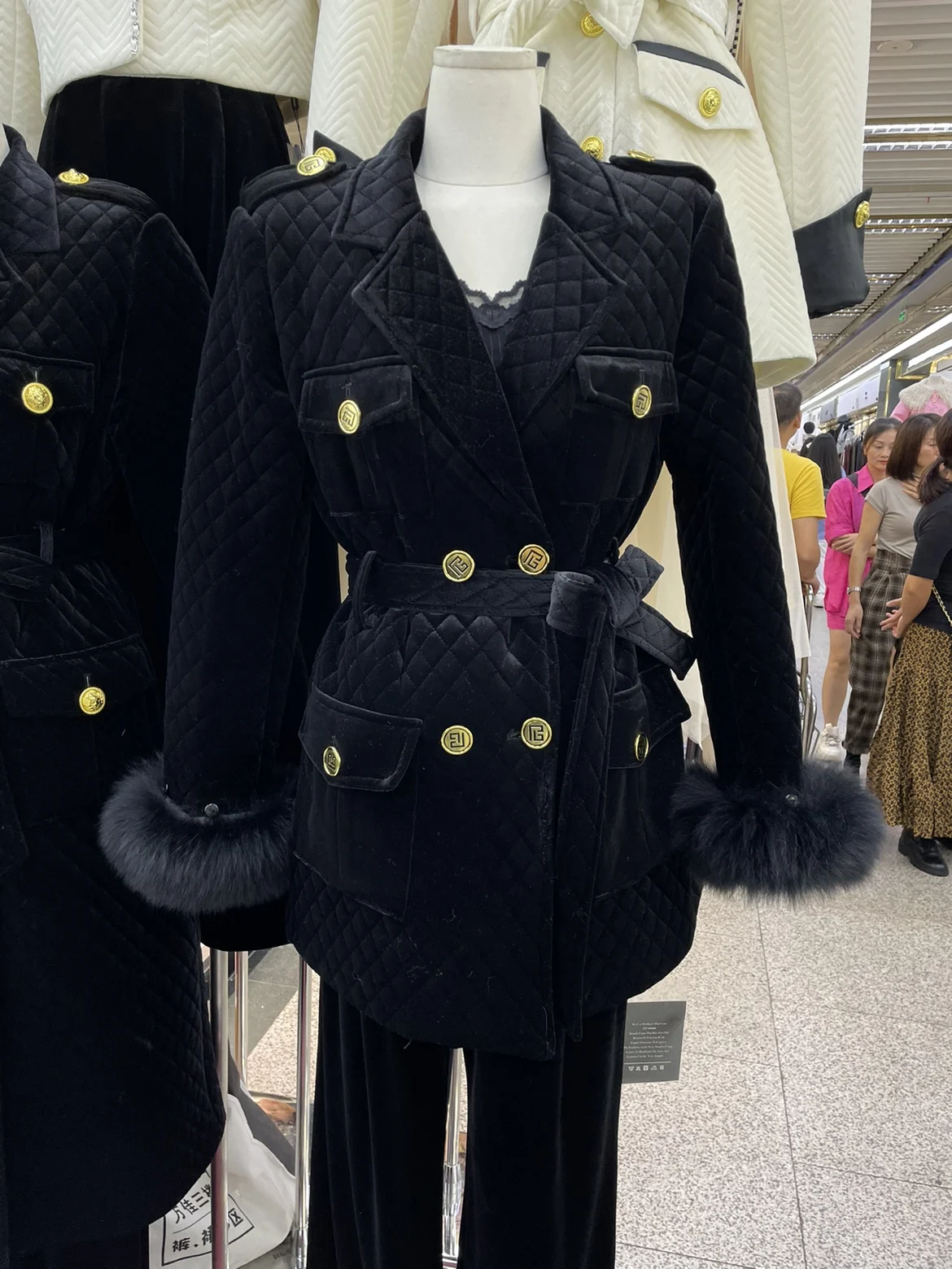 winter clothes gold buckle velvet cotton-padded suit long jacket fur sleeves waist cotton-padded jacket women