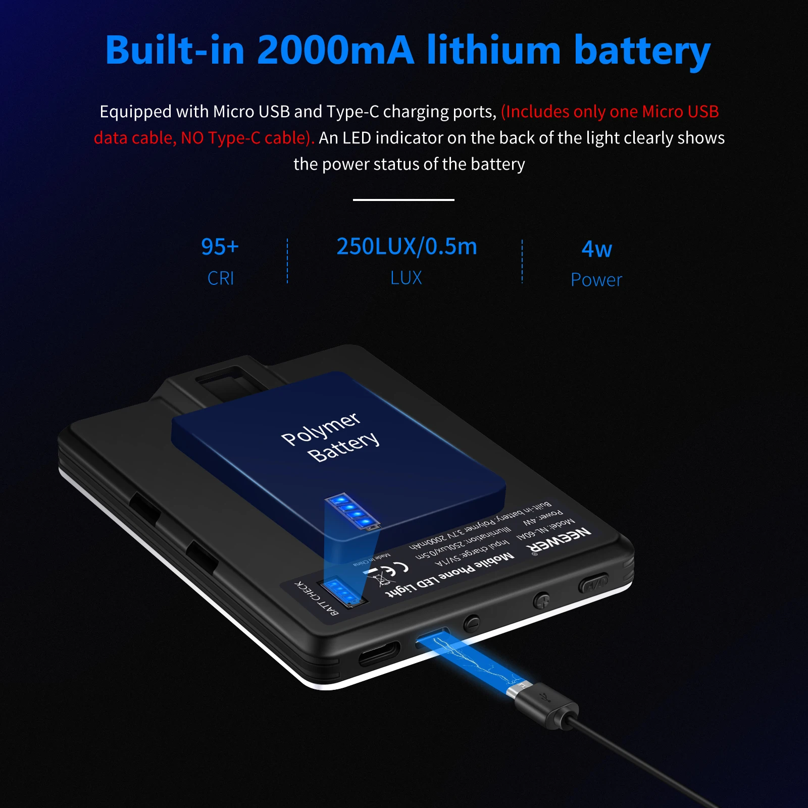 NEEWER BASICS Selfie Light with 60 LED 2000mAh Rechargeable CRI 95+ Portable Clip on Light for Phone/Tablet/Laptop