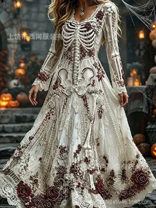 Women's Gothic Skull & Rose Maxi Dress – detail image 7