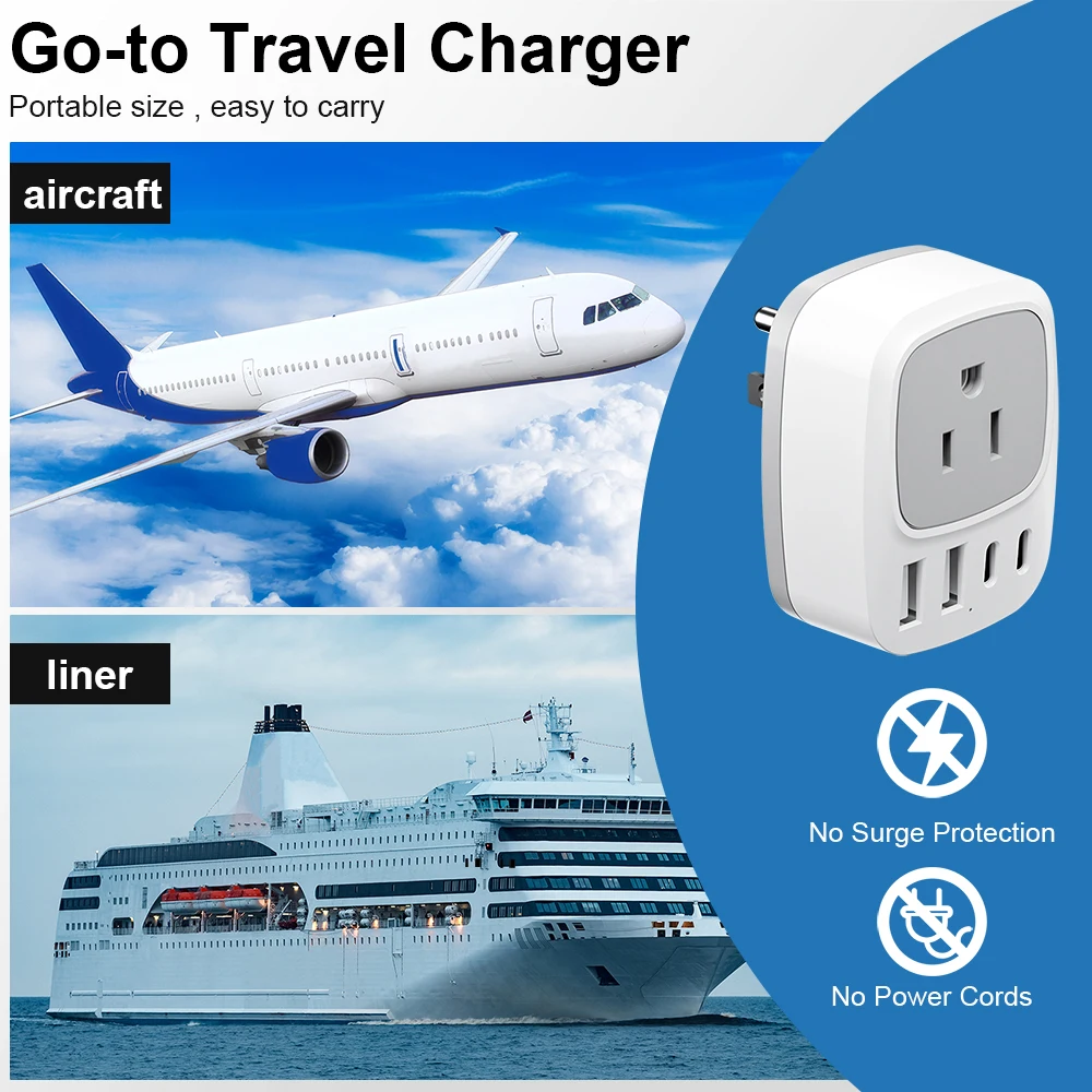 KOSHARE EU To US Plug Travel Adapter With 1 Socket Outlet Surge Protector 2 USB And 2 Type-C  Fast Charger For Home Travel