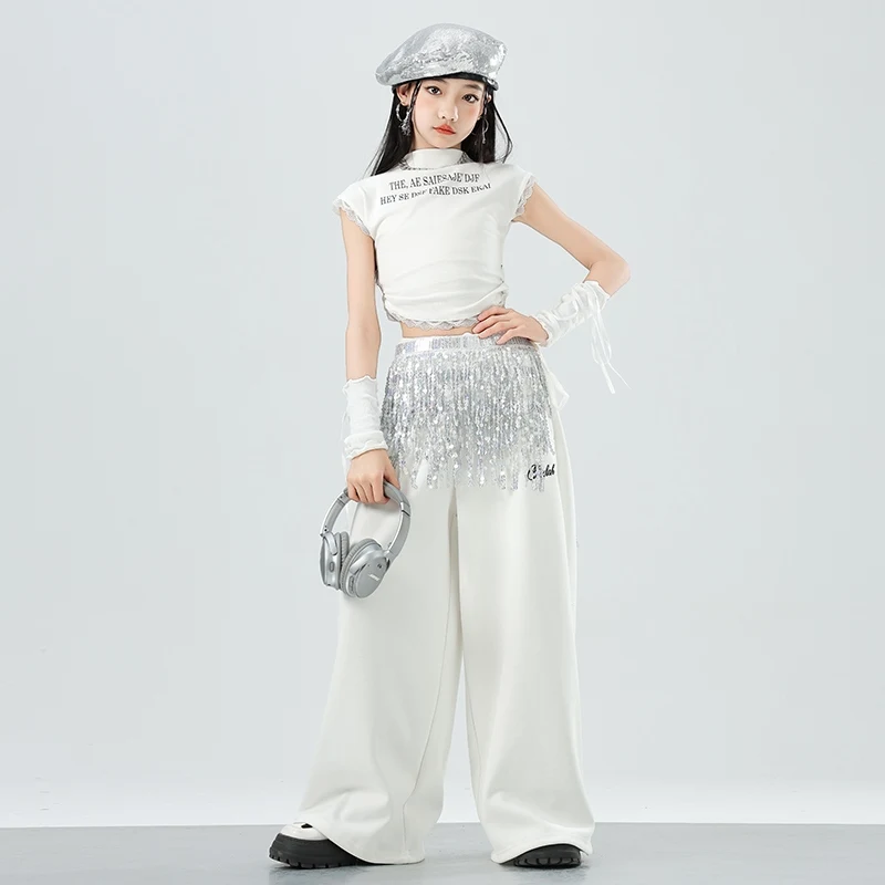 Mädchen Weiß Anzug Kleidung Hip Hop Jazz Dance Kostüme Kurzarm Top Pailletten Hüfte Schal Hosen Kpop Street Dance Tragen DQL10597