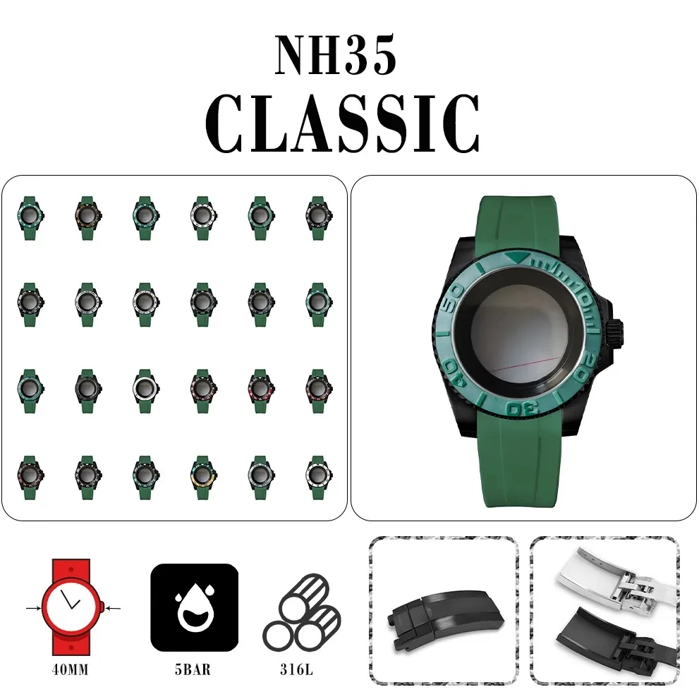 316L stainless steel, galvanized black case + green strap, Sapphire flat mirror, compatible with NH35/36 calibre