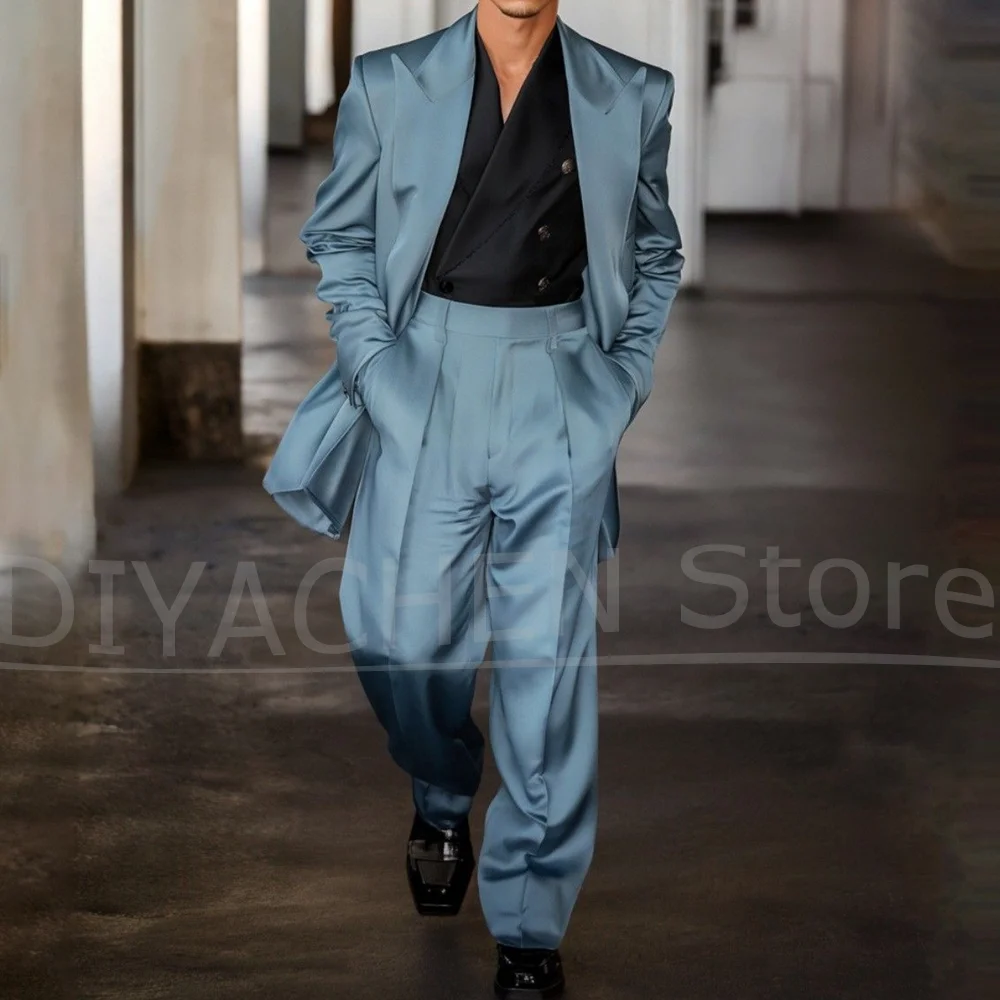

Men's Satin Suit Set Fashion Runway Style Blazer Pants Double Breasted Elegant Tailored Formal Wedding Party Tuxedo 2 Piece