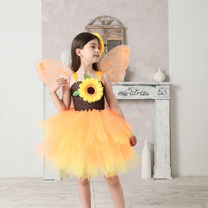 Girassóis trajes para meninas, Fairy Outfit, Flower Girl Dresses, Kids Christmas Halloween Tutus Party Clothes, Outono Outono