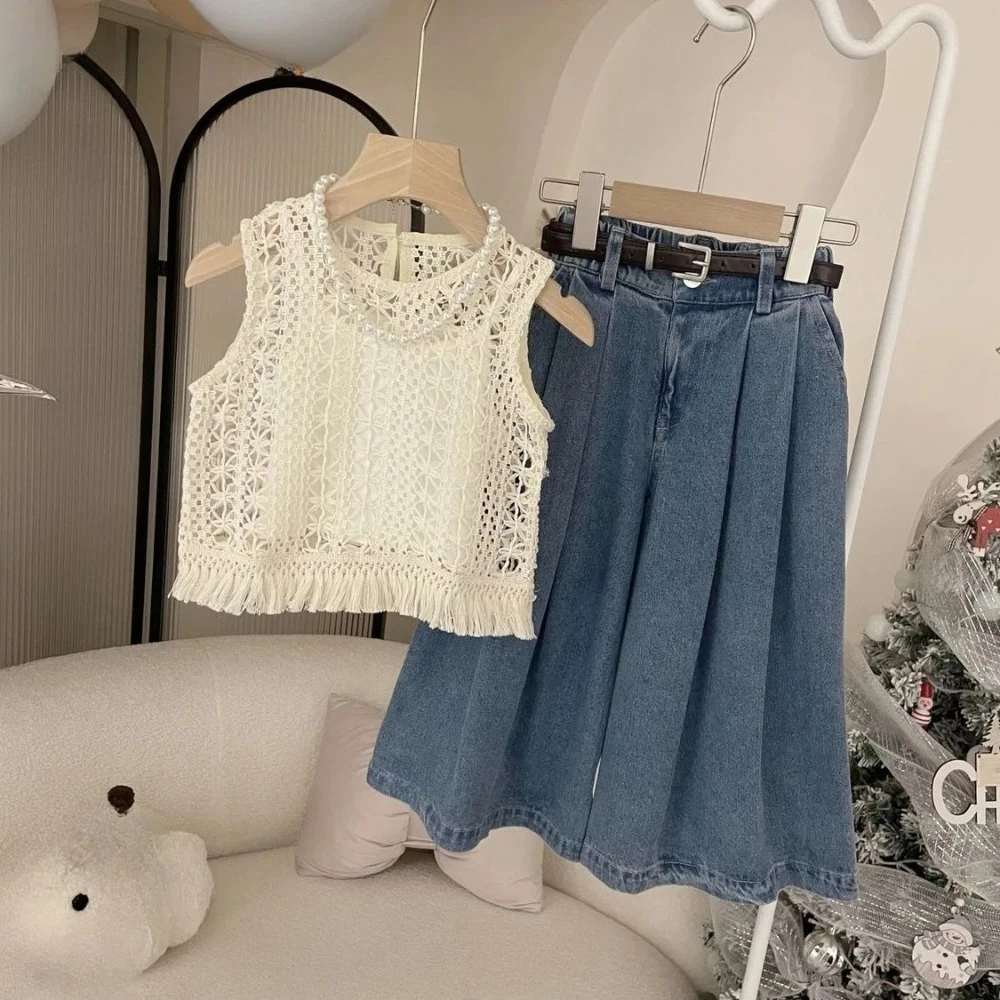 

Summer Korean Version Girls Hollow Out Sleeveless Top + Vest + Jeans 3 Pcs Set Kids Fashion Clothes 3-7 Years