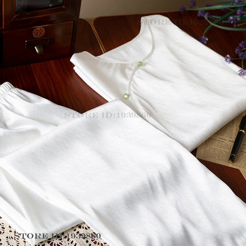 Elegant Chinese Style Women's Sleepwear Pajamas Set Retro Jacquard O-Neck Long Sleeve Trouser Suits Pijamas Silky Satin Homewear