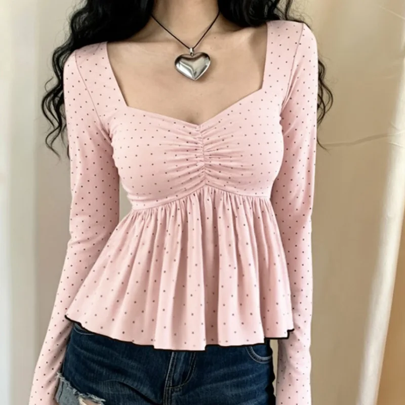 

2026 Sweet & Spicy Low Cut Square Neck Polka Dot Contrast Trim Ruched Babydoll Long Sleeve T Shirt for Women, Age reducing Top