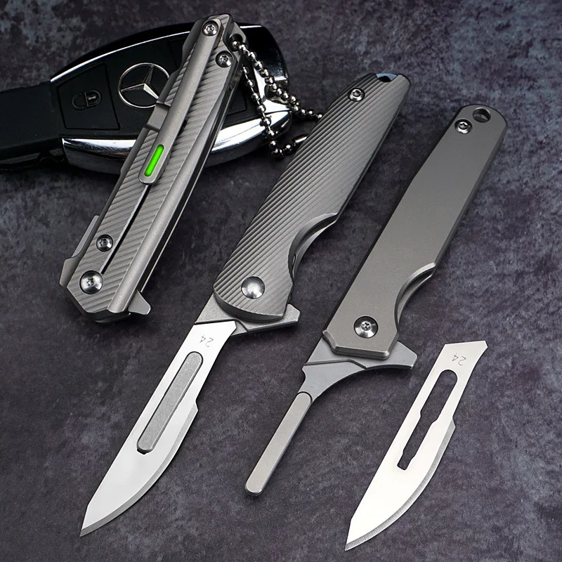 Titanium Alloy Mini Folding Knife Bisturi Edc Lâmina Substituível Escultura Gravada Ferramentas Utilitárias Atualização 10 Pcs No.24