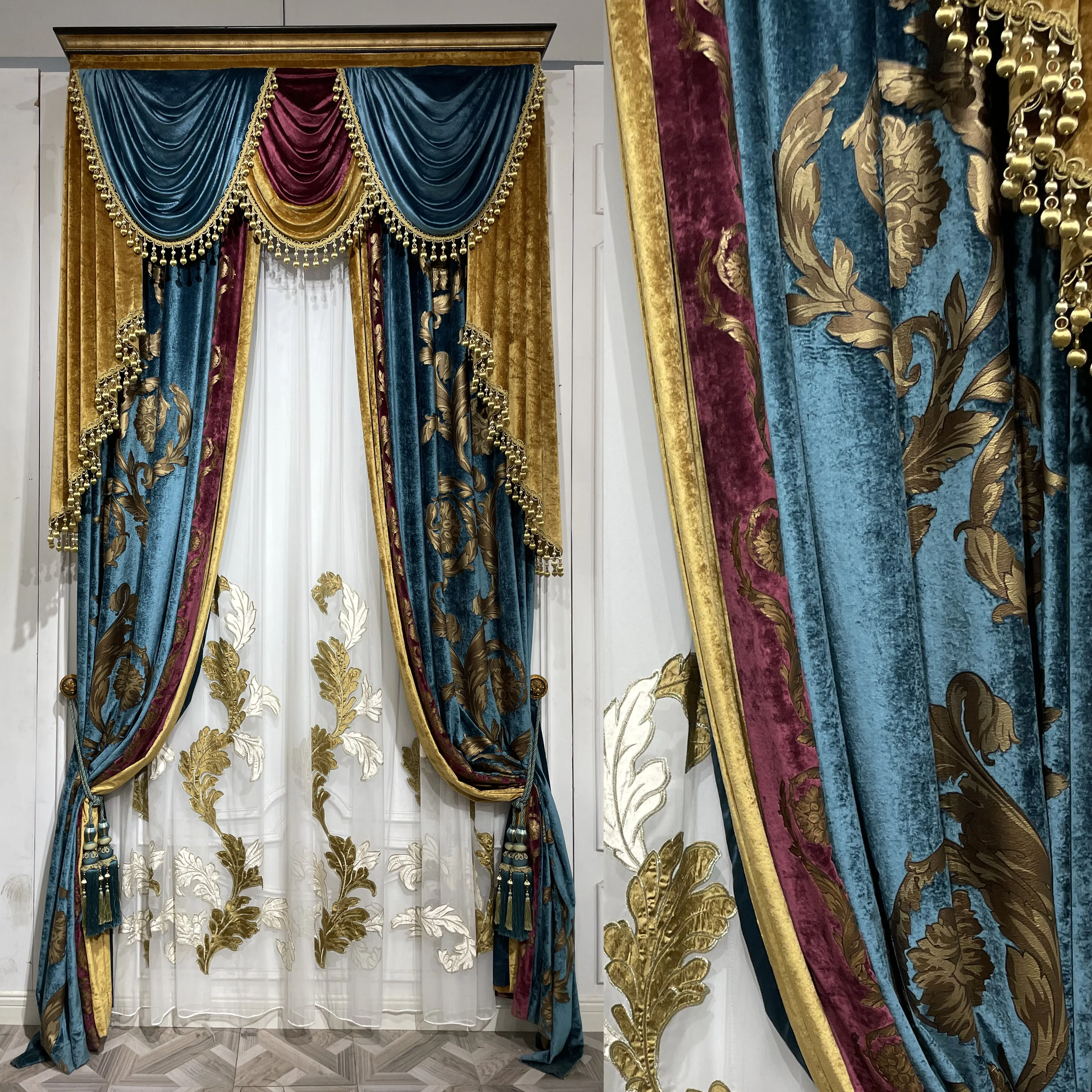 Custom Elegant villa European retro living room bedroom flannel bronzing blue cloth valance blackout curtain tulle drape C1975