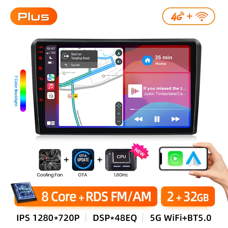 Junsun Draadloze CarPlay voor Apple Android14 Auto Radio voor SUZUKI Splash Ritz 2004-2010 Opel Agila 2008-2012 multimedia Stereo